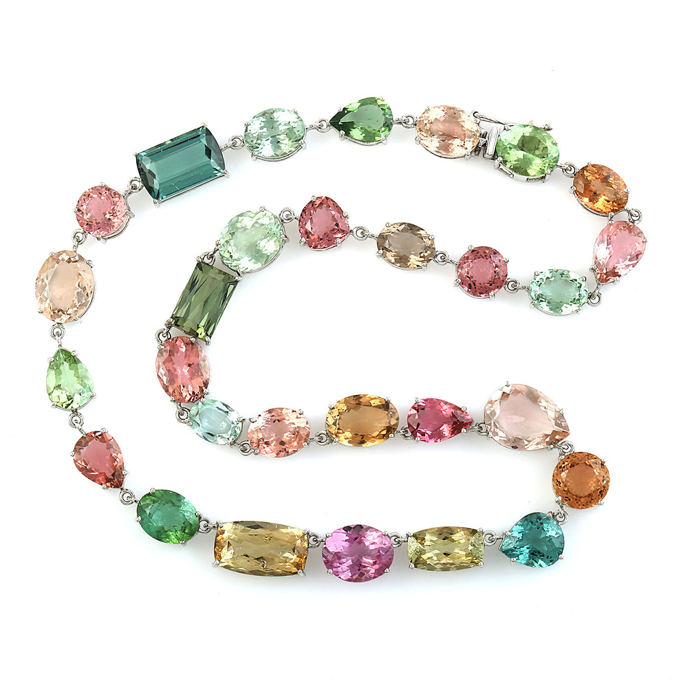 18k White Gold Prong Multicolor Tourmaline October Birthstone Choker Necklace For Her