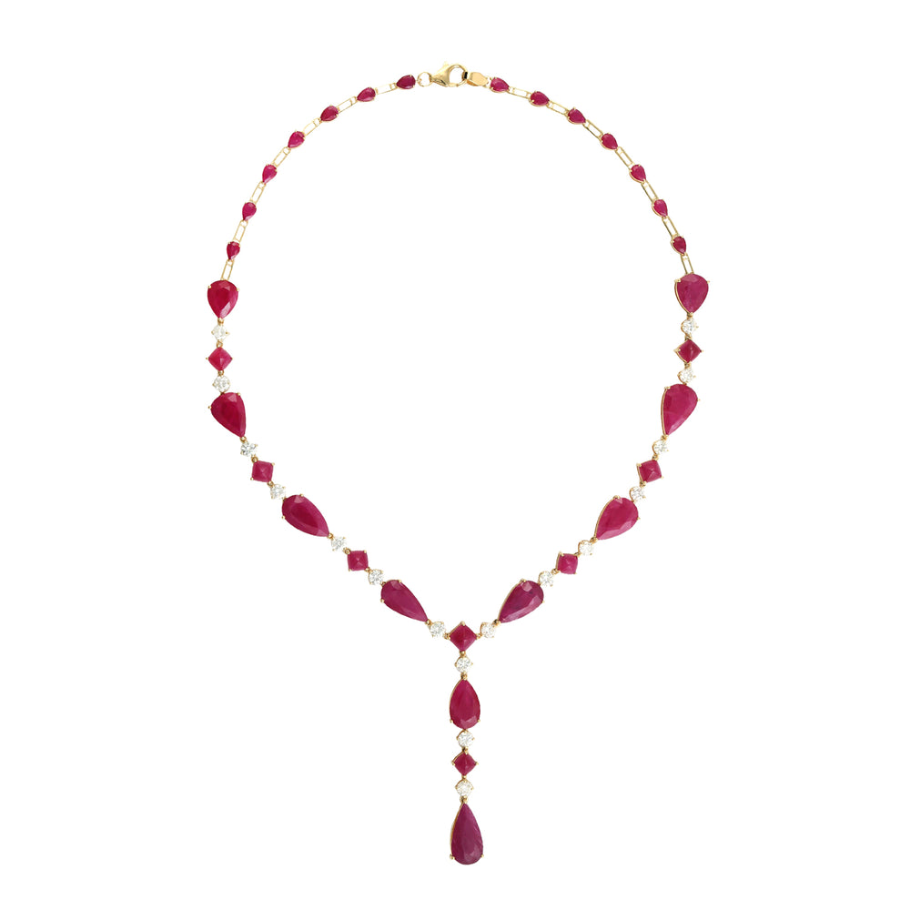 Natural Diamond Pear Cut Ruby Beautiful Princess Necklace In 18k Yellow Gold For Her