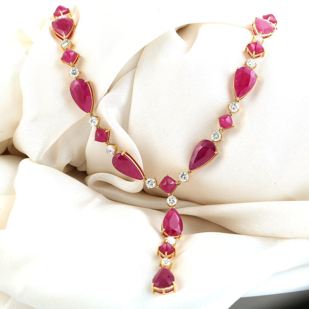 Faceted Natural Ruby Gemstone Princess Necklace In Solid 18k Yellow Gold Wedding Gift