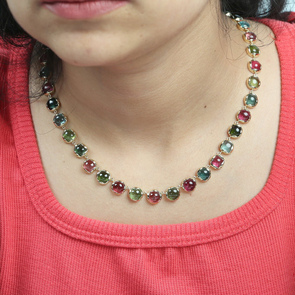 Cabochon Cut Mixed Tourmaline Choker Necklace in 14K Yellow Gold