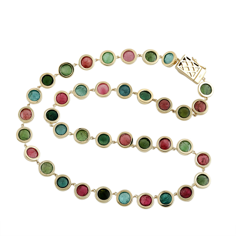Cabochon Cut Mixed Tourmaline Choker Necklace in 14K Yellow Gold