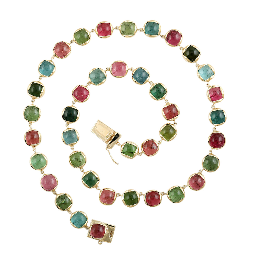 Cabochon Cut Mixed Tourmaline Choker Necklace in 14K Yellow Gold