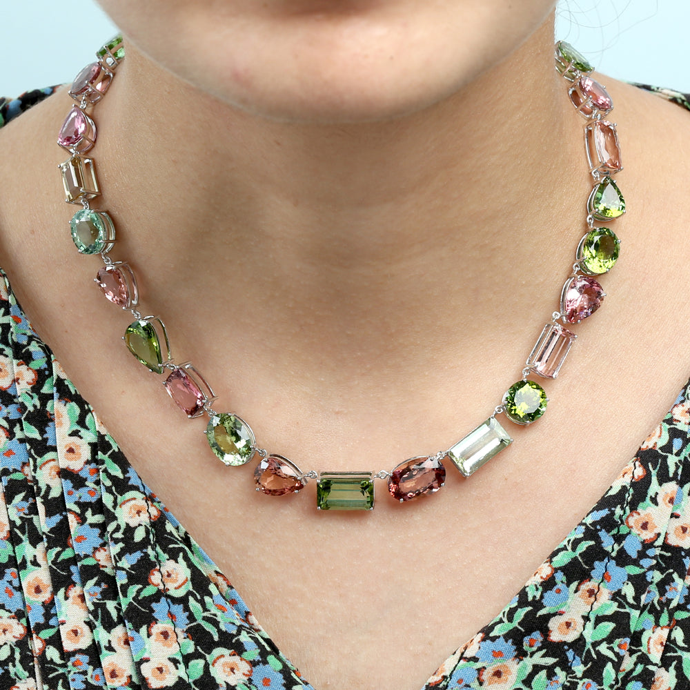 Mixed Tourmaline Choker Necklace in 14K White Gold