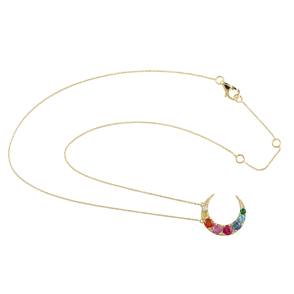 Multi-Gemstone Crescent Moon Pendant Necklace in 14K Yellow Gold