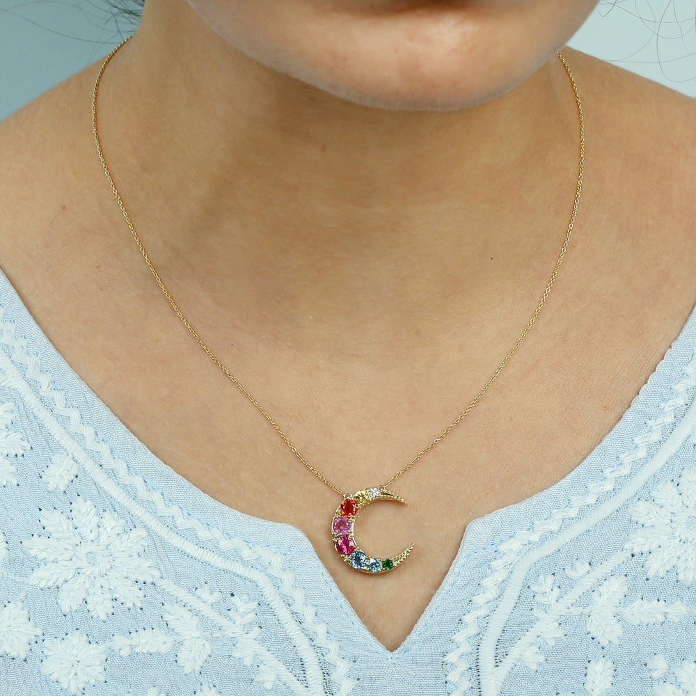 Multi-Gemstone Crescent Moon Pendant Necklace in 14K Yellow Gold