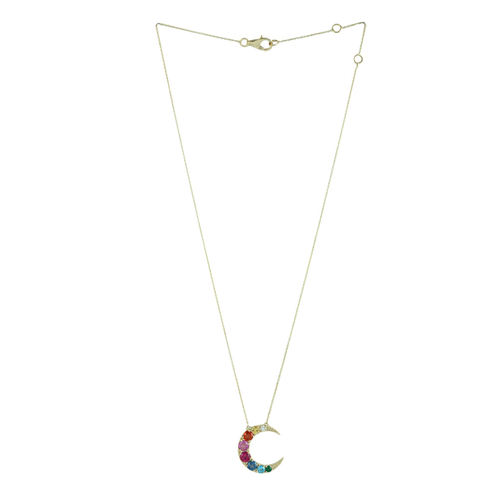 Multi-Gemstone Crescent Moon Pendant Necklace in 14K Yellow Gold