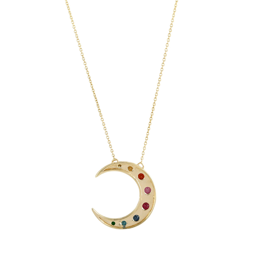Multi-Gemstone Crescent Moon Pendant Necklace in 14K Yellow Gold