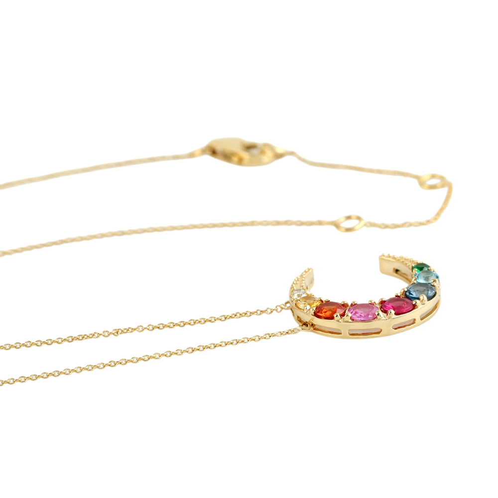 Multi-Gemstone Crescent Moon Pendant Necklace in 14K Yellow Gold