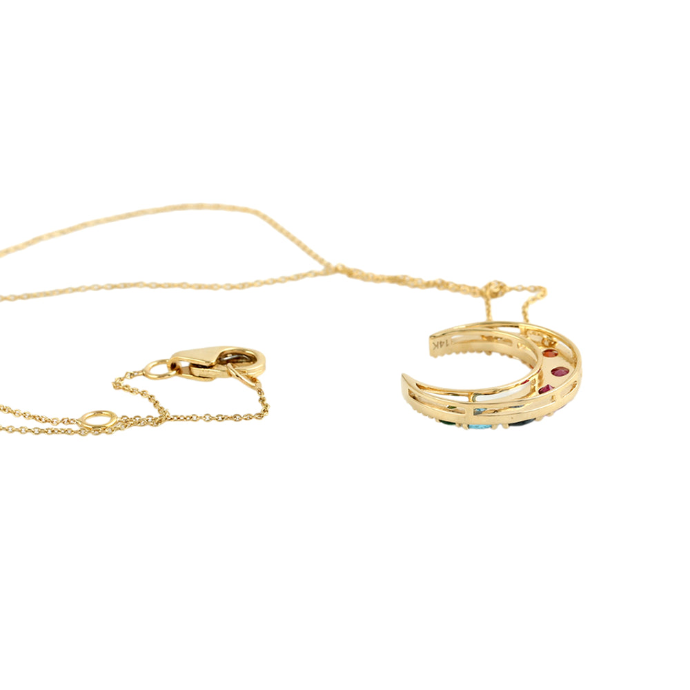 Multi-Gemstone Crescent Moon Pendant Necklace in 14K Yellow Gold