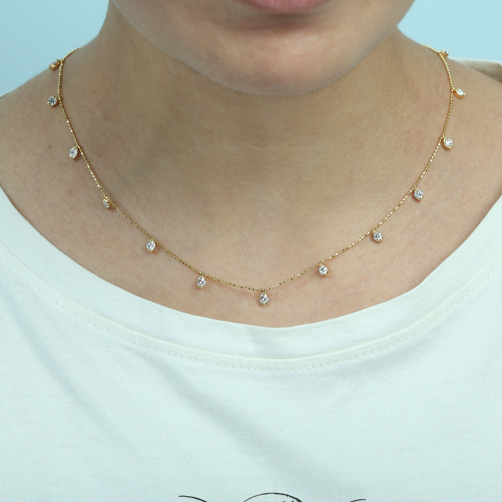 18K Yellow Gold Prong-Set Diamond Dotted Chain Necklace