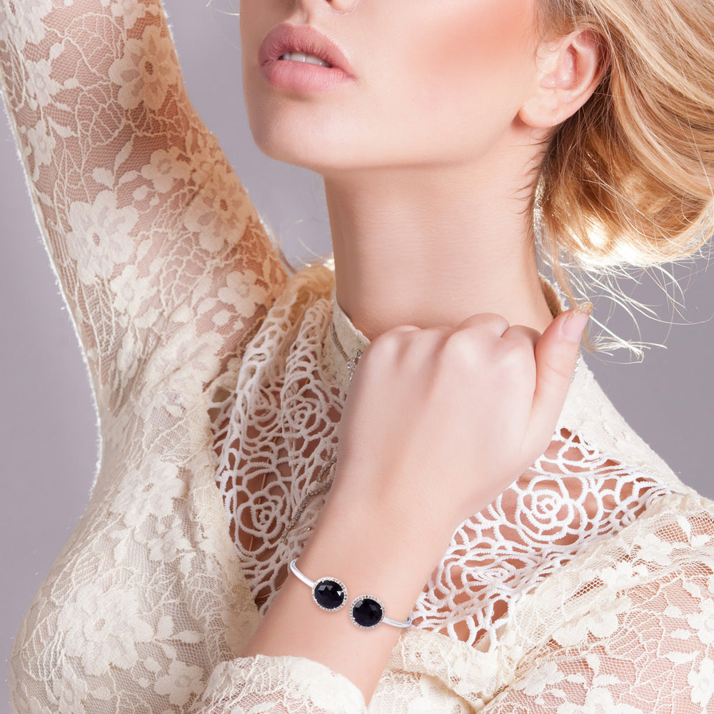Open Bangle Black Onyx Diamond Halo Bracelet in 14K White Gold