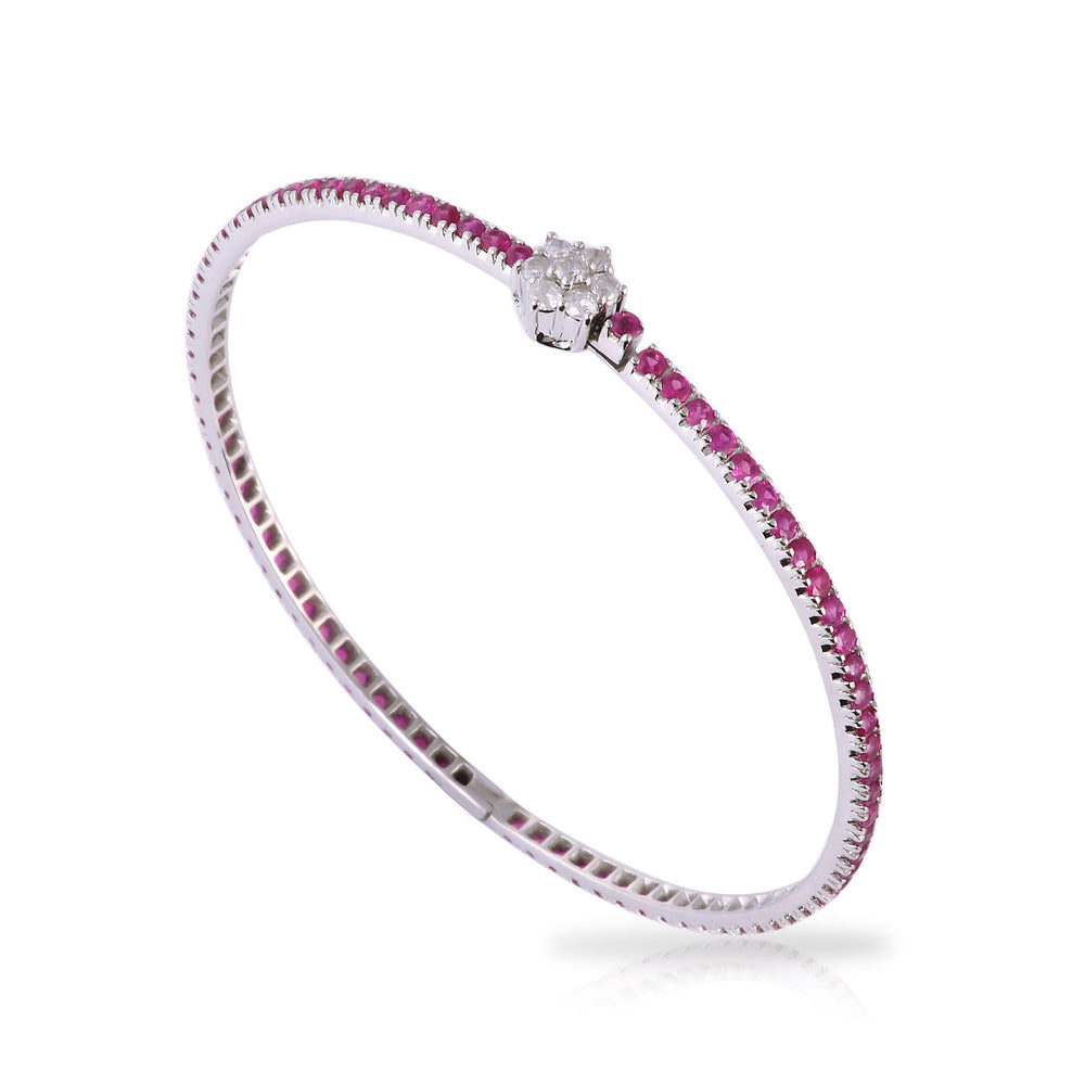 14K White Gold Ruby Bangle with Diamond Center Elegant Minimal Design