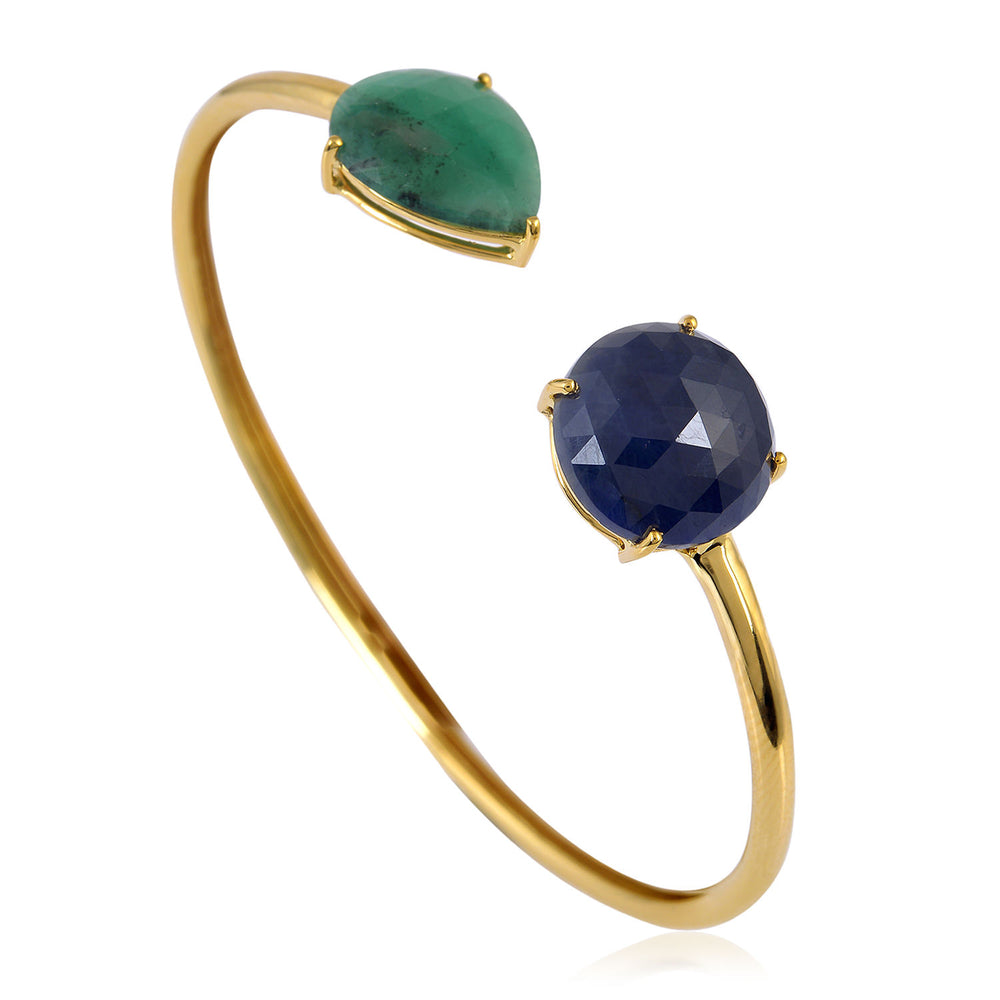 Emerald & Blue Sapphire Open Cuff Gemstone Bracelet in 18K Yellow Gold