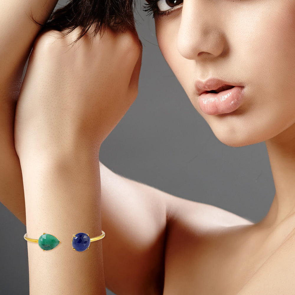 Emerald & Blue Sapphire Open Cuff Gemstone Bracelet in 18K Yellow Gold