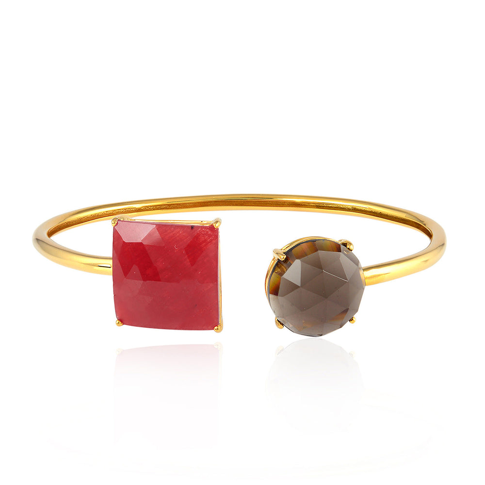 Red Ruby & Smoky Quartz Dual-Stone Open Cuff Bracelet in 18K Yellow Gold