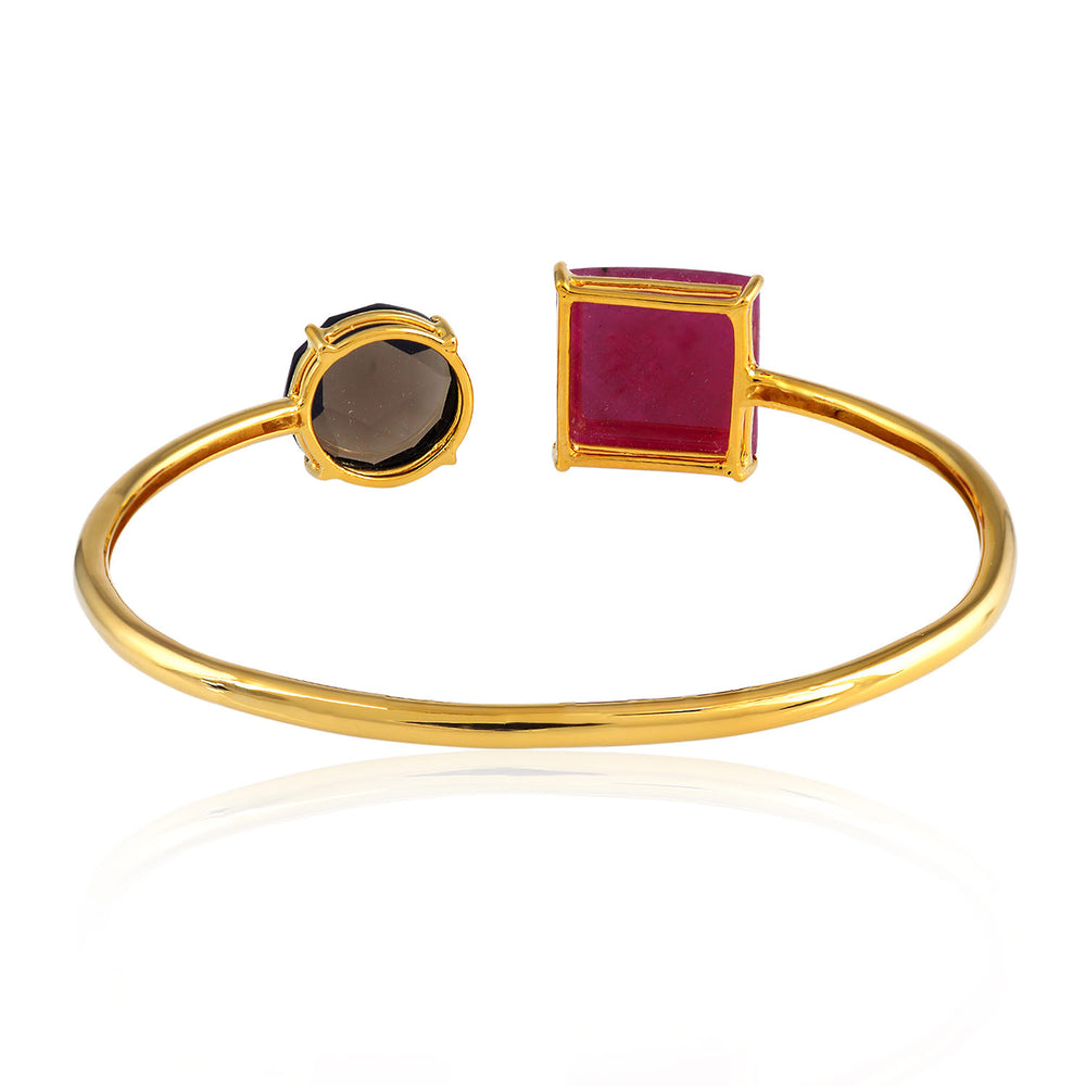 Red Ruby & Smoky Quartz Dual-Stone Open Cuff Bracelet in 18K Yellow Gold