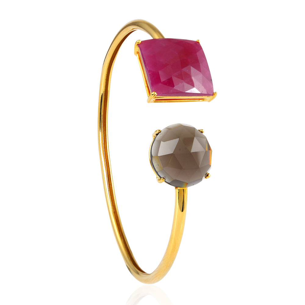Red Ruby & Smoky Quartz Dual-Stone Open Cuff Bracelet in 18K Yellow Gold