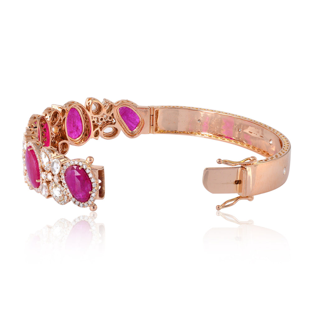 Oval Ruby Gemstone Prong Natural Rose Cut Diamond Designer Bracelet In Rose Gold