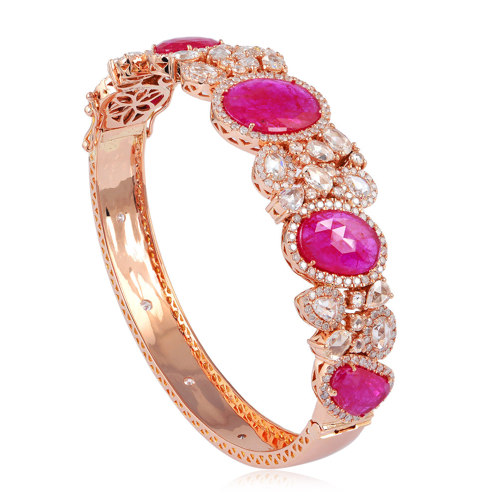 Oval Ruby Gemstone Prong Natural Rose Cut Diamond Designer Bracelet In Rose Gold