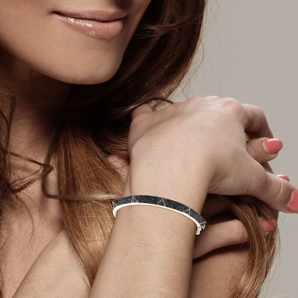 Black Diamond Pyramid Bangle Bracelet in 18K White Gold