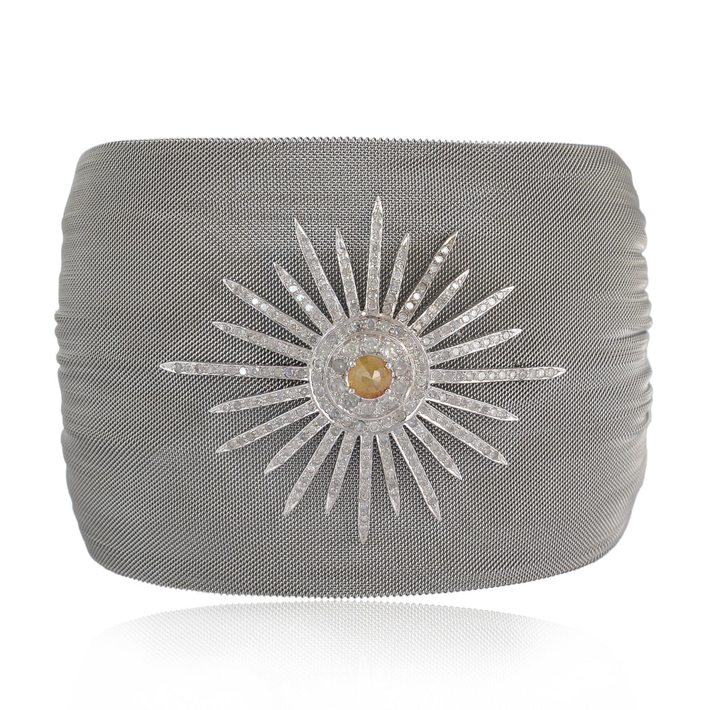 18K White Gold Steel Mesh Bangle with Pave Ice Diamond Starburst – Bold Luxury Statement