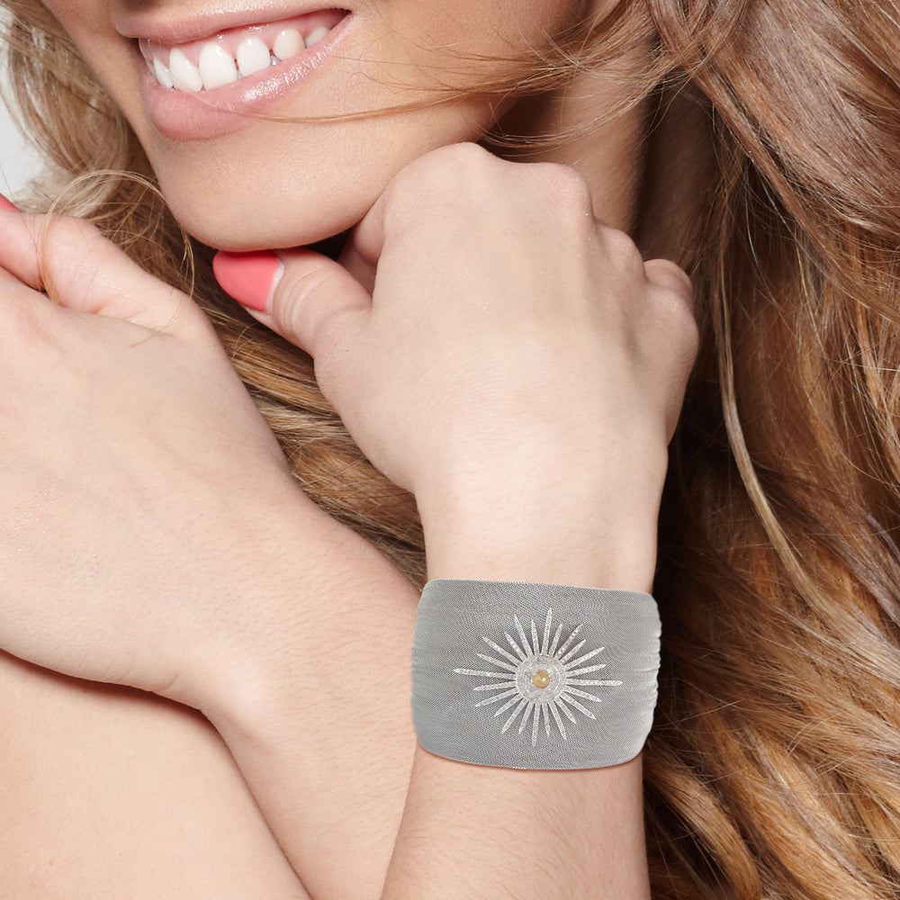 18K White Gold Steel Mesh Bangle with Pave Ice Diamond Starburst – Bold Luxury Statement