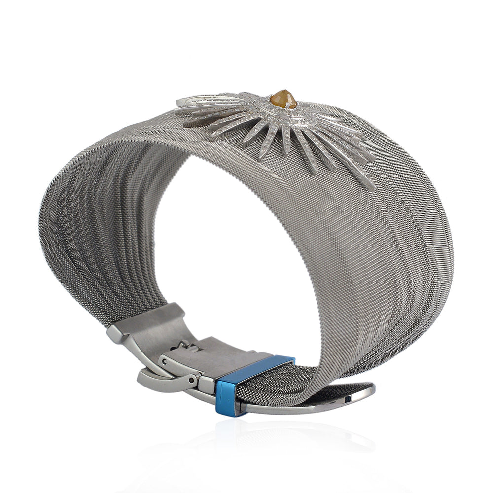 18K White Gold Steel Mesh Bangle with Pave Ice Diamond Starburst – Bold Luxury Statement