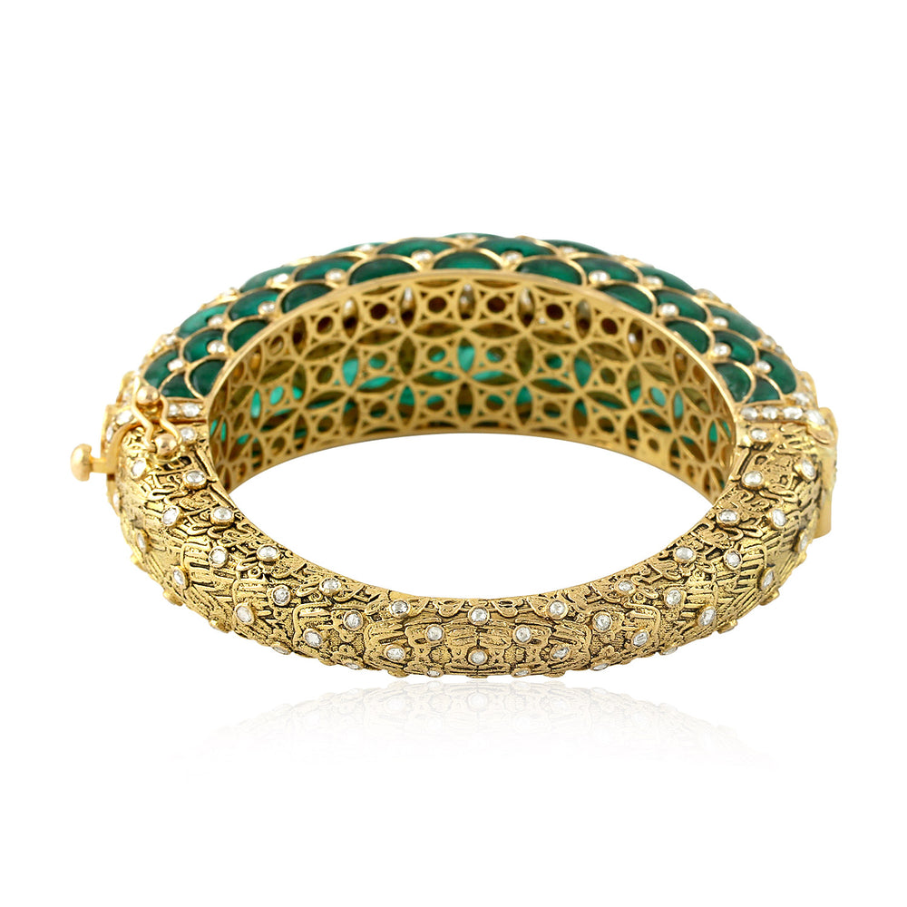 Uncut Diamond Bezel Emerald Gemstone Wedding Bangle In 22K Yellow Gold