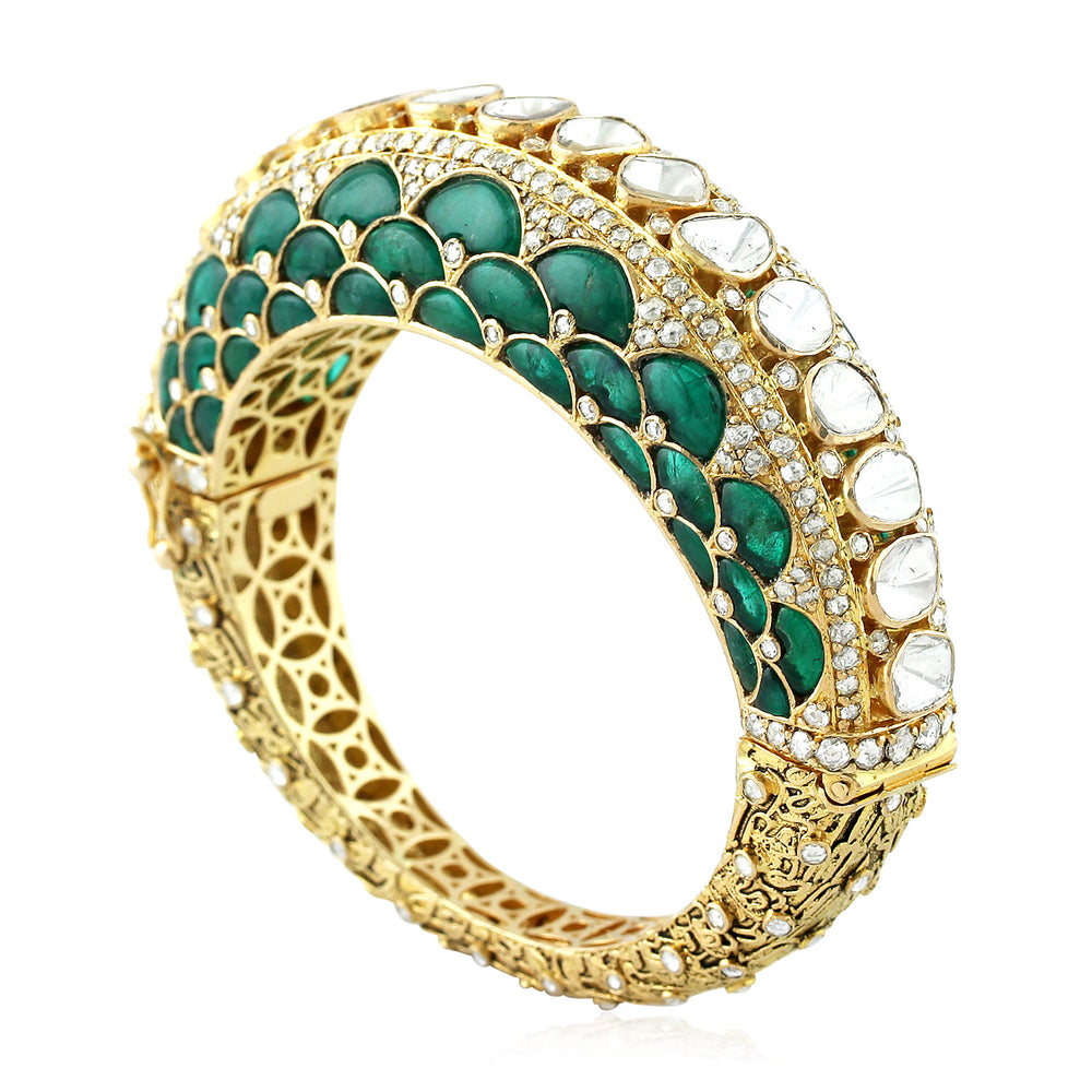 Uncut Diamond Bezel Emerald Gemstone Wedding Bangle In 22K Yellow Gold