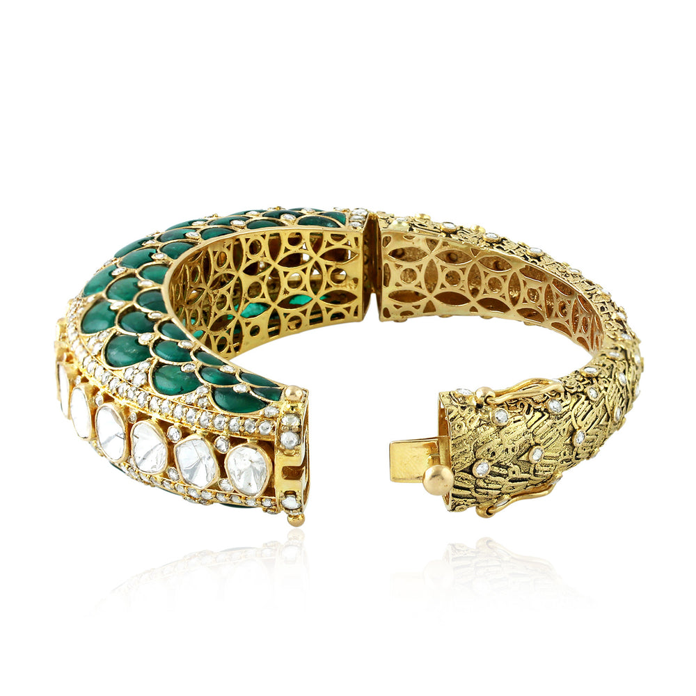Uncut Diamond Bezel Emerald Gemstone Wedding Bangle In 22K Yellow Gold