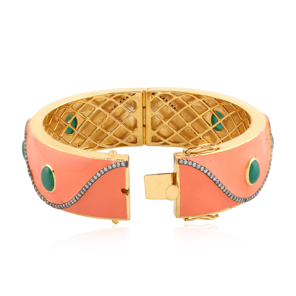 Bezel Set Emerald Pave Diamond Enamel Bangle in 18k Yellow Gold 925 Silver