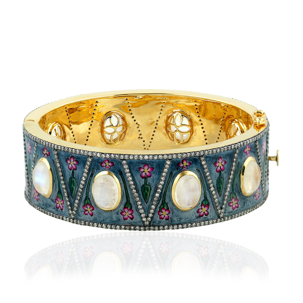 Moonstone & Diamond Floral Enamel Bangle in 18K Yellow Gold Silver