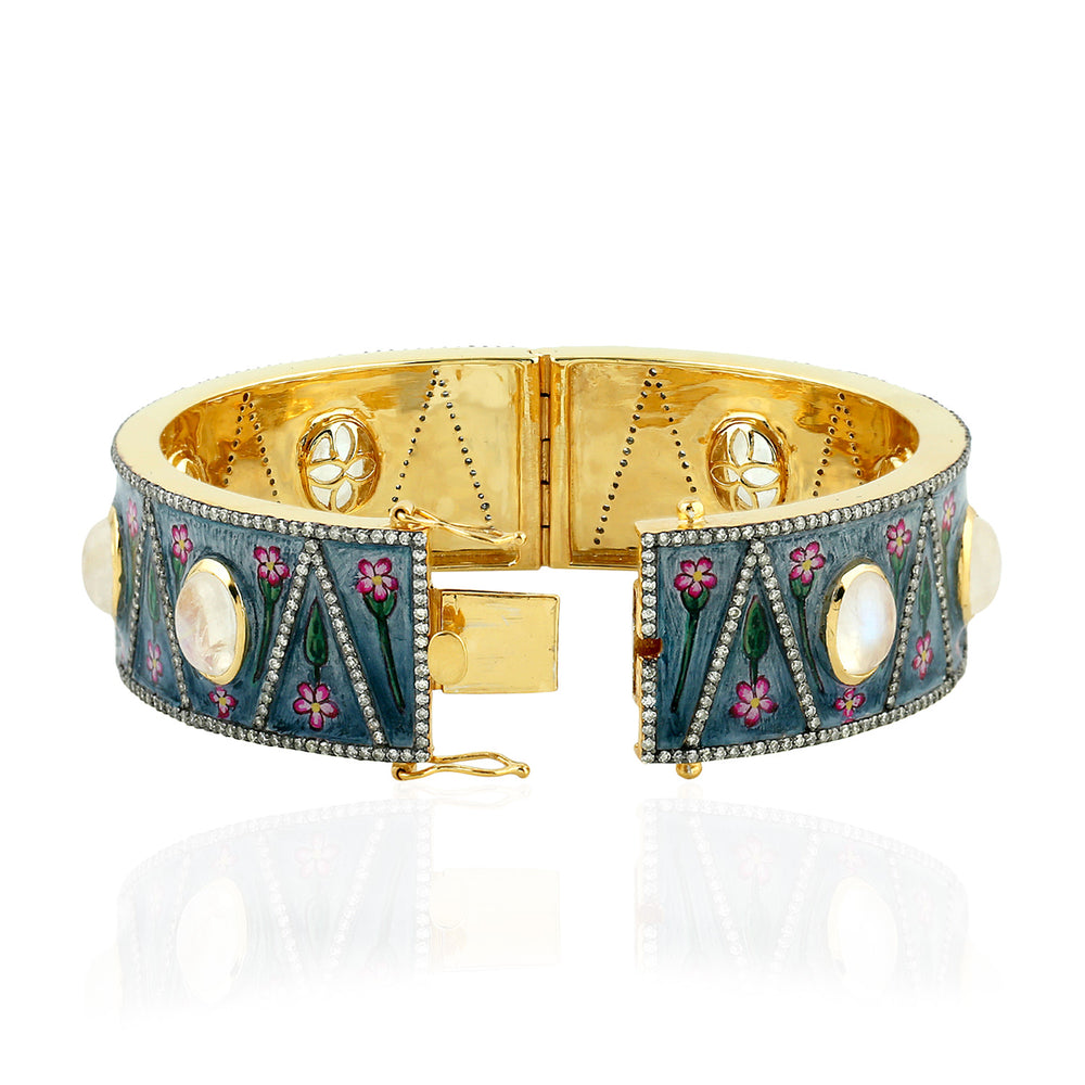 Moonstone & Diamond Floral Enamel Bangle in 18K Yellow Gold Silver