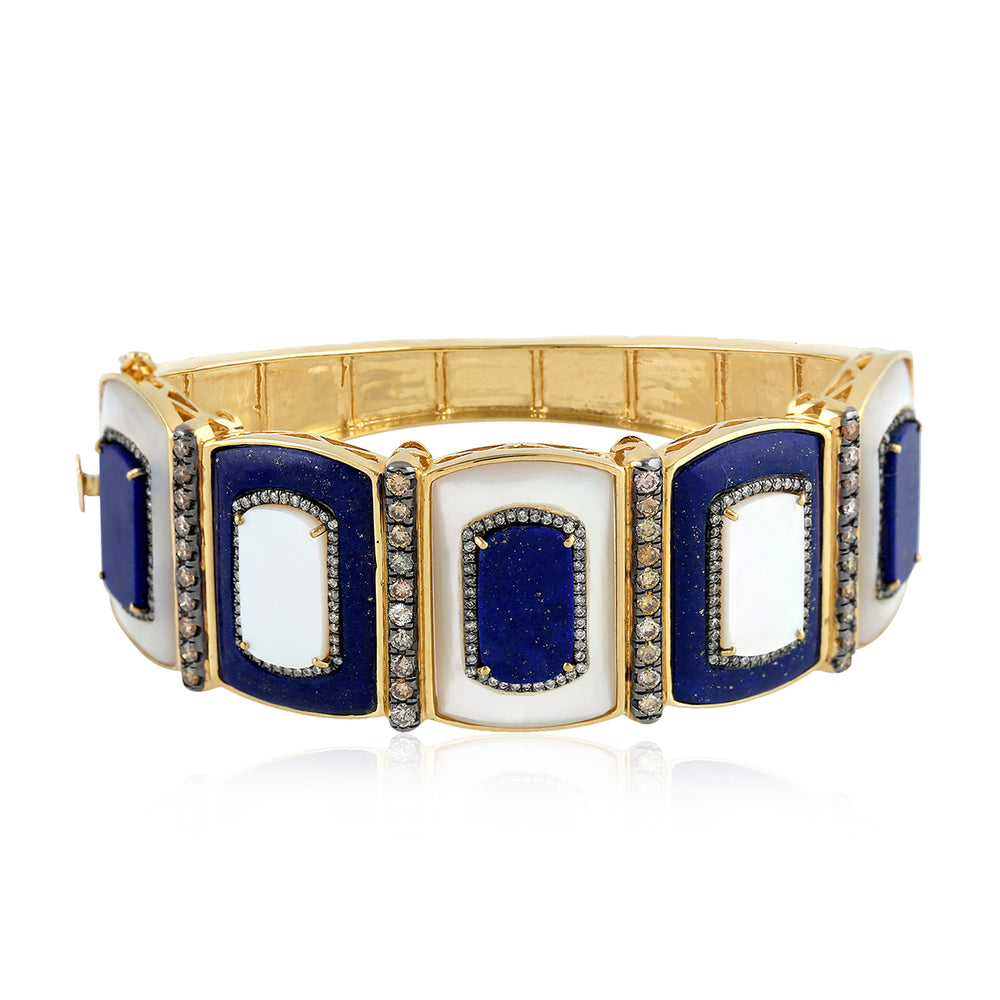 Lapis Lazuli & Mother of Pearl Diamond Accent Link Bracelet in 18K Yellow Gold Silver