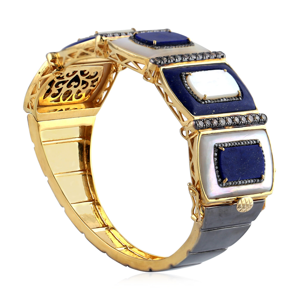 Lapis Lazuli & Mother of Pearl Diamond Accent Link Bracelet in 18K Yellow Gold Silver