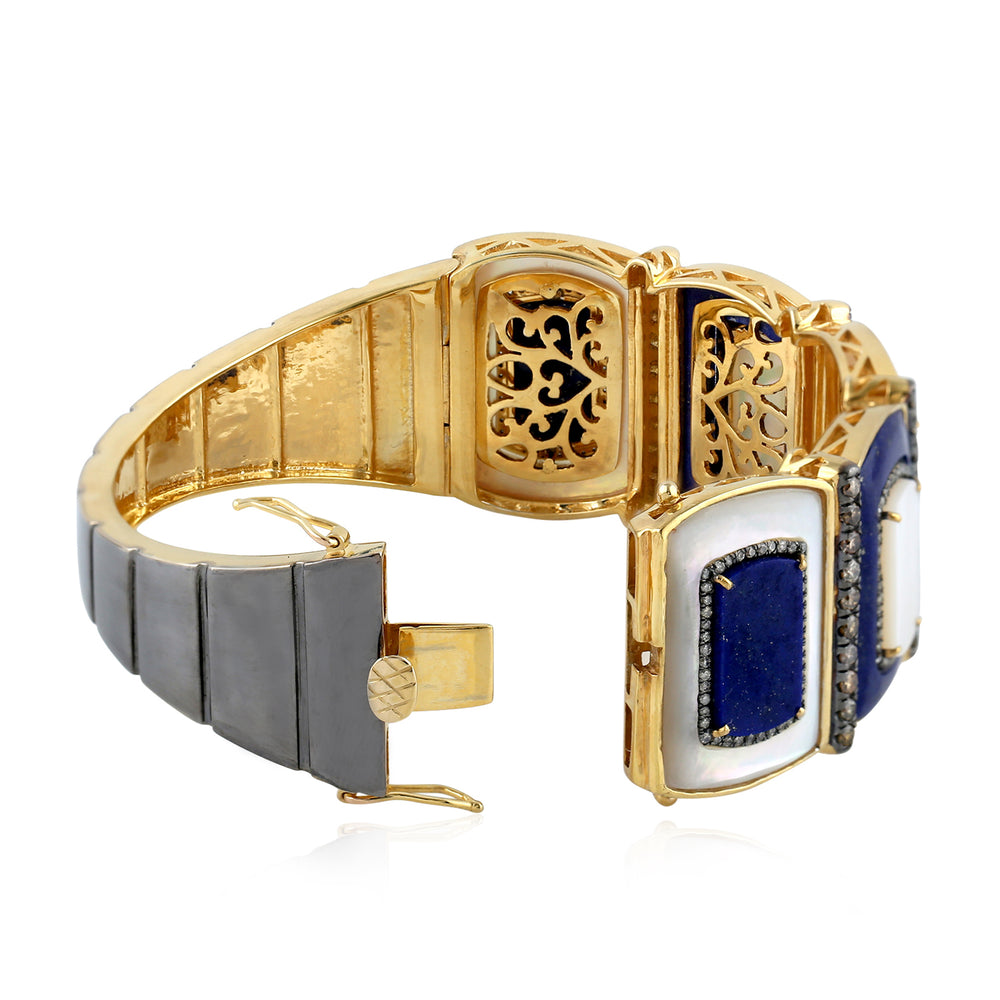 Lapis Lazuli & Mother of Pearl Diamond Accent Link Bracelet in 18K Yellow Gold Silver
