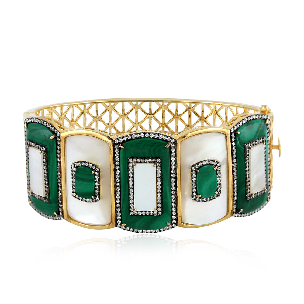 18K Yellow Gold Cushion Cut Malachite Bezel MOP Pave Diamond Mughal Wedding Bangle