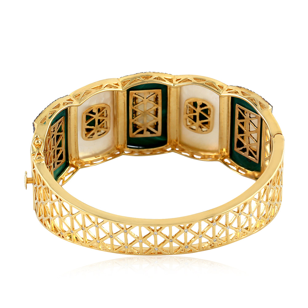 18K Yellow Gold Cushion Cut Malachite Bezel MOP Pave Diamond Mughal Wedding Bangle