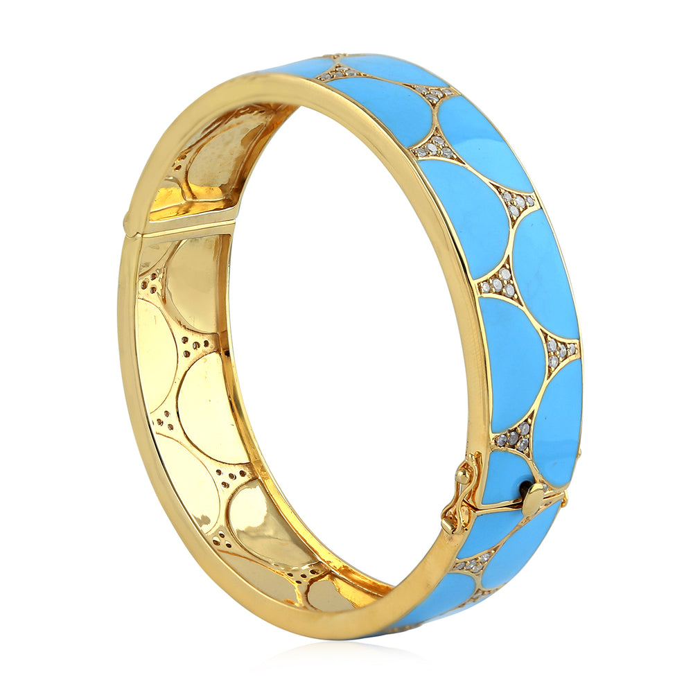 Turquoise Enamel & Diamond Inlay Bangle Bracelet in 18K Yellow Gold Silver