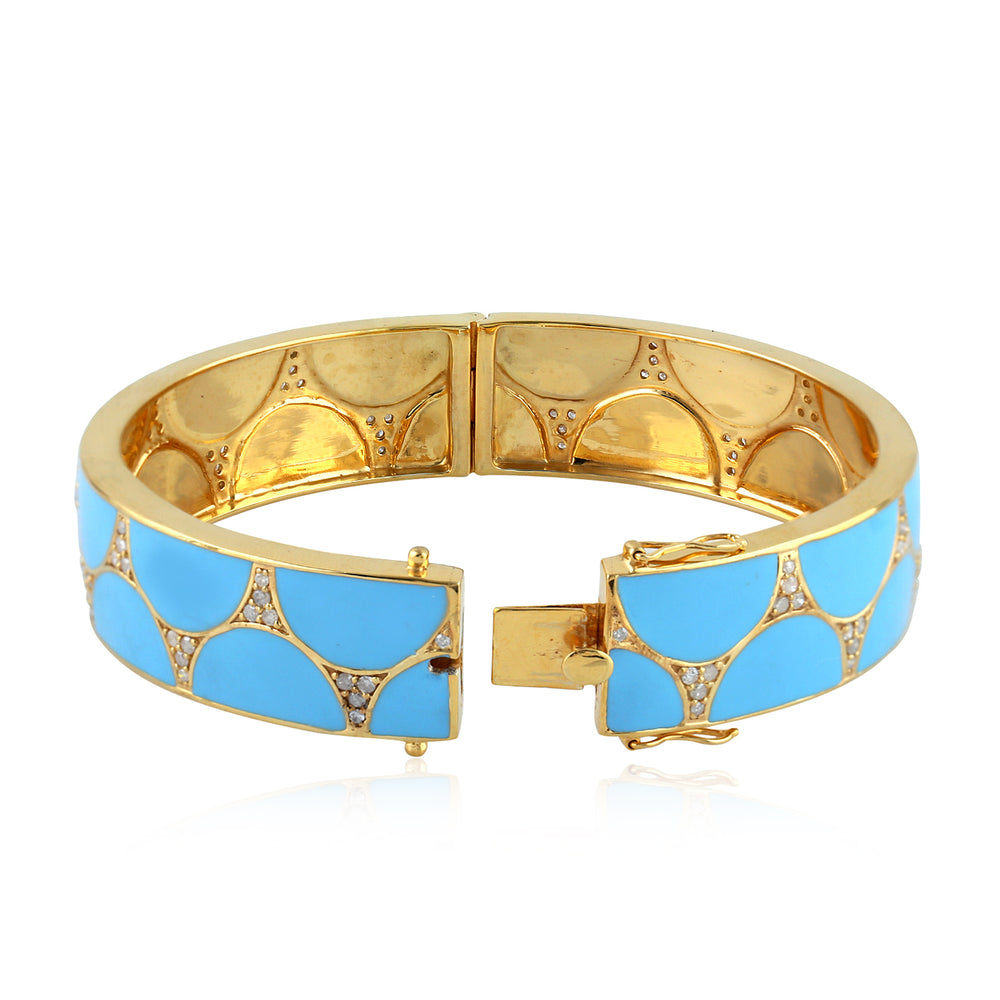 Turquoise Enamel & Diamond Inlay Bangle Bracelet in 18K Yellow Gold Silver