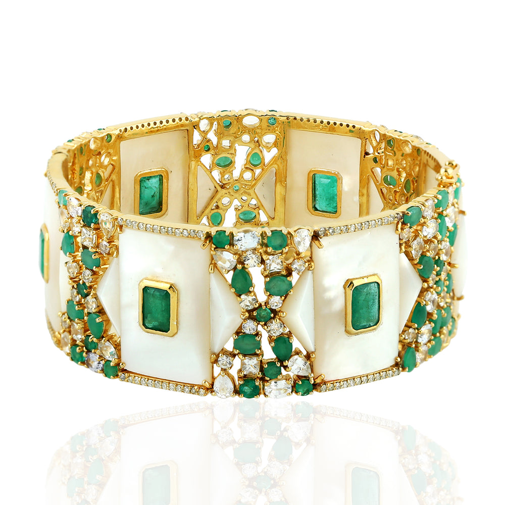 Emerald, Mother of Pearl & Sapphire Diamond Statement Bangle in 18K Gold Silver