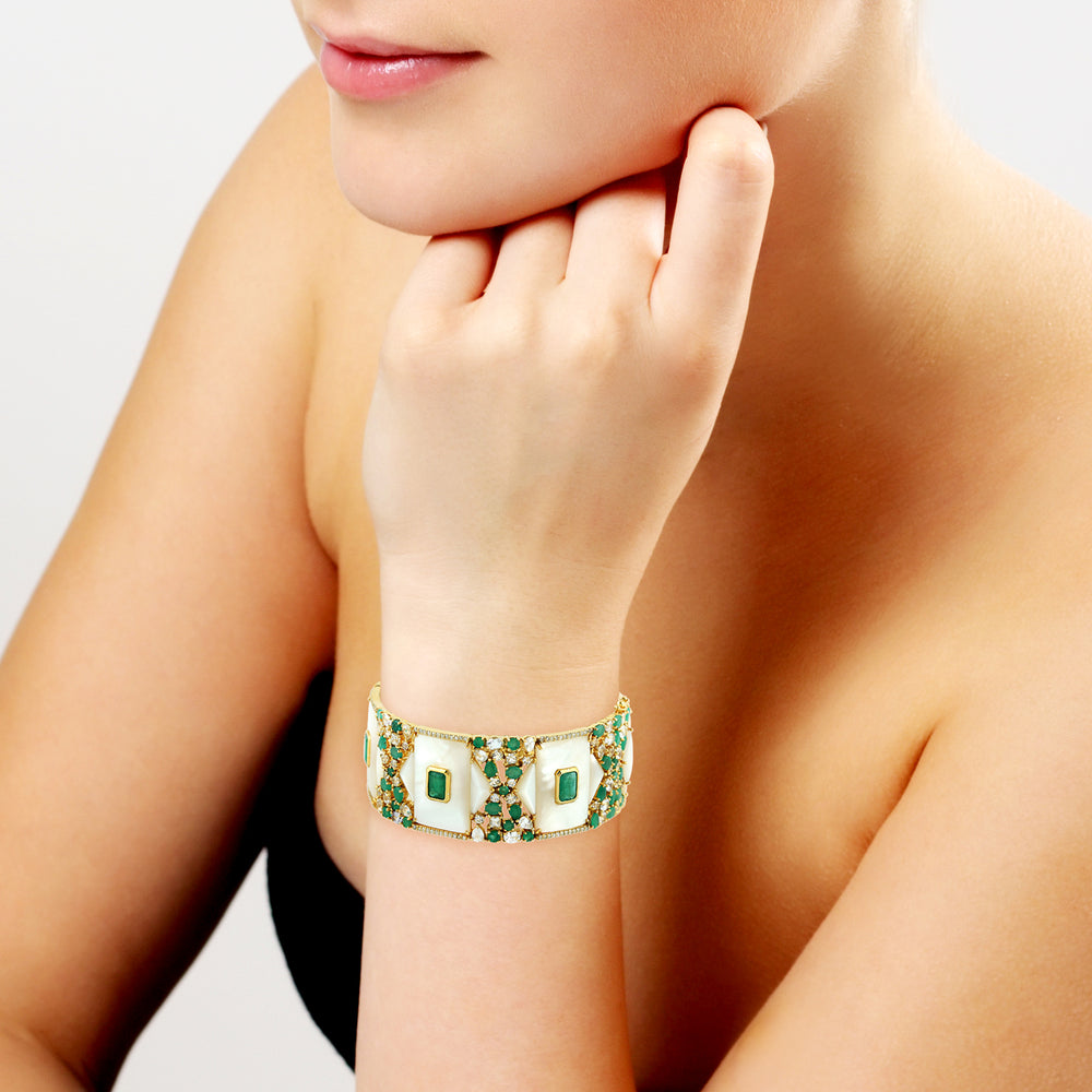 Emerald, Mother of Pearl & Sapphire Diamond Statement Bangle in 18K Gold Silver