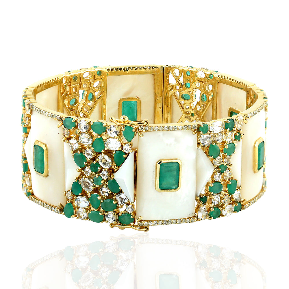 Emerald, Mother of Pearl & Sapphire Diamond Statement Bangle in 18K Gold Silver