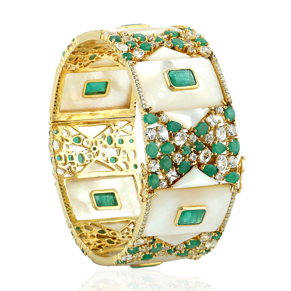 Emerald, Mother of Pearl & Sapphire Diamond Statement Bangle in 18K Gold Silver