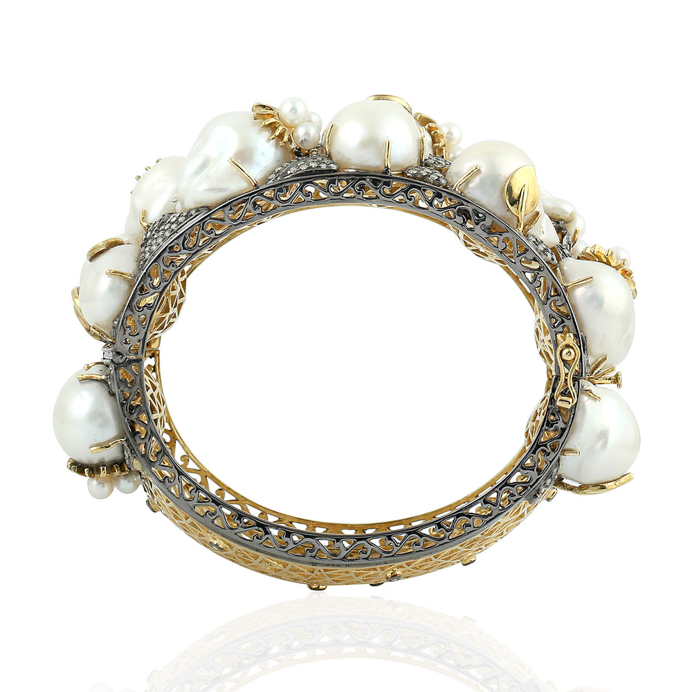 Baroque Pearl Pave Diamond & Sapphire Bangle In Gold 925 Sterling Silver