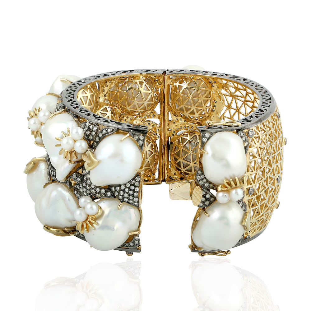 Baroque Pearl Pave Diamond & Sapphire Bangle In Gold 925 Sterling Silver