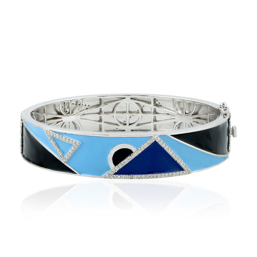 Geometric Blue Enamel & Diamond Accent Modern Bangle in 18K White Gold