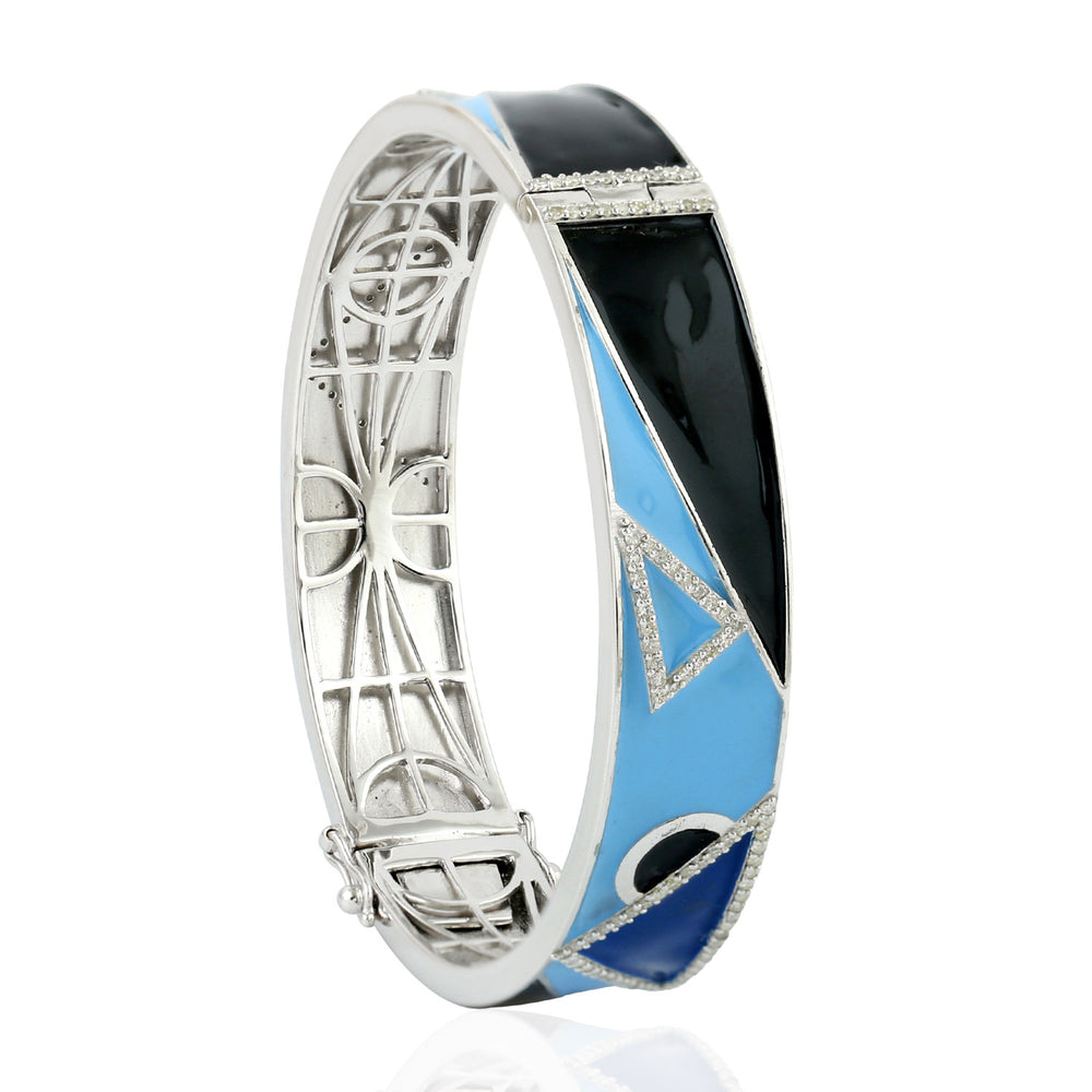 Geometric Blue Enamel & Diamond Accent Modern Bangle in 18K White Gold
