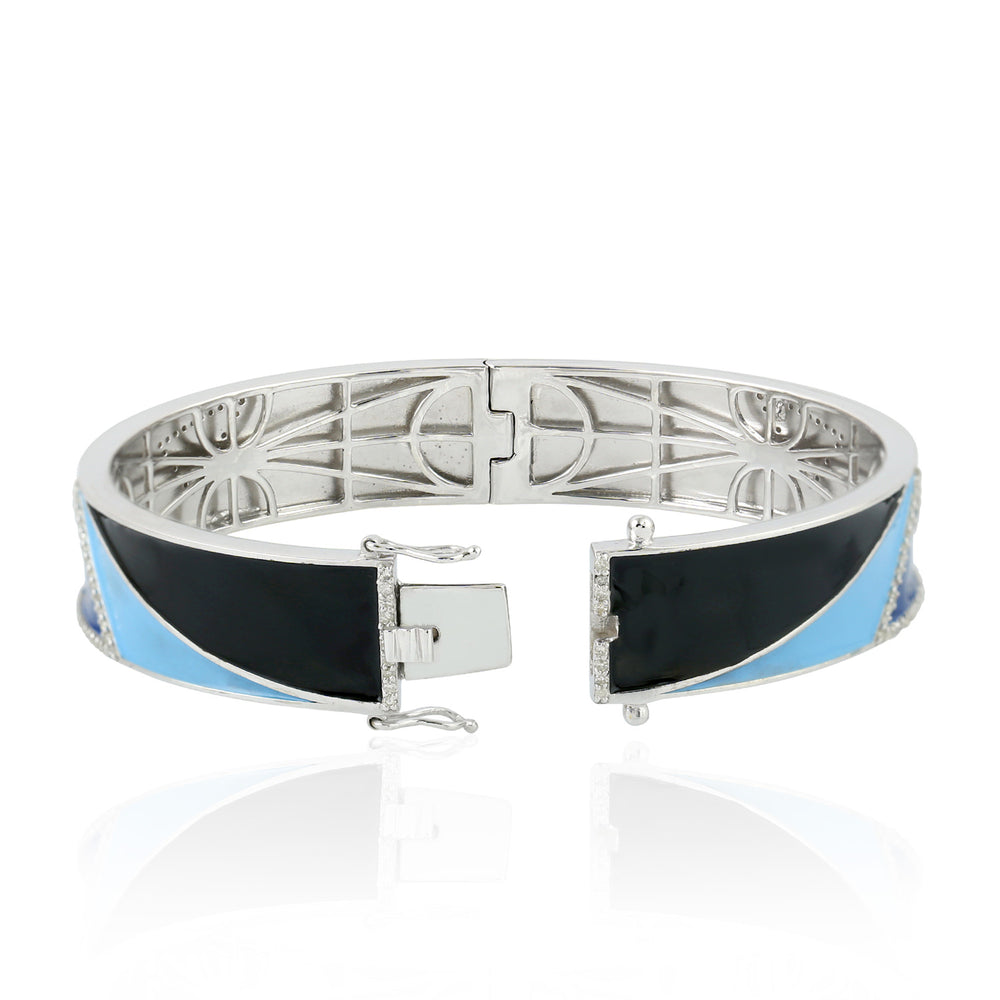 Geometric Blue Enamel & Diamond Accent Modern Bangle in 18K White Gold