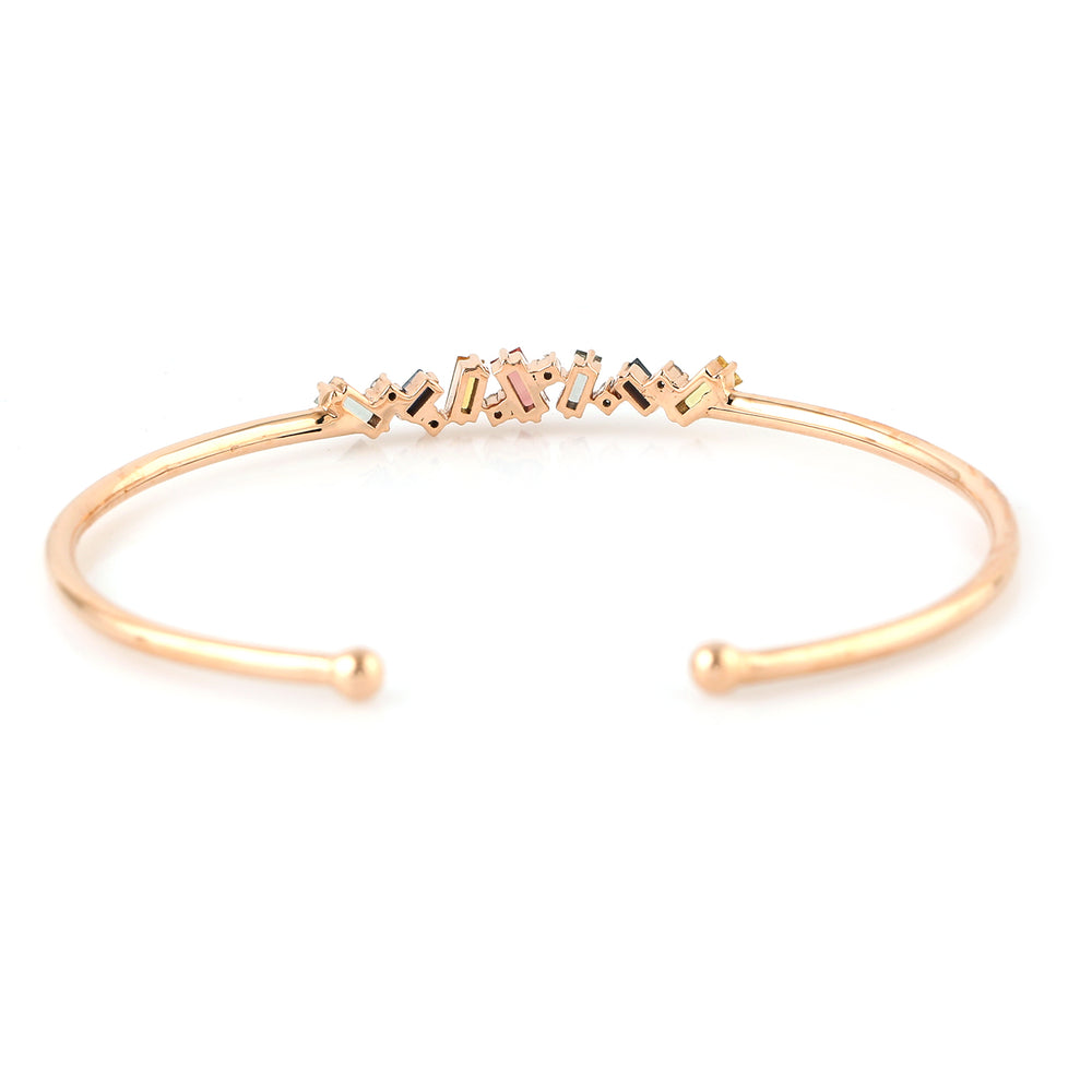 18K Rose Gold Baguette Multi Sapphire Prong Diamond Cuff Bangle Jewelry For Her